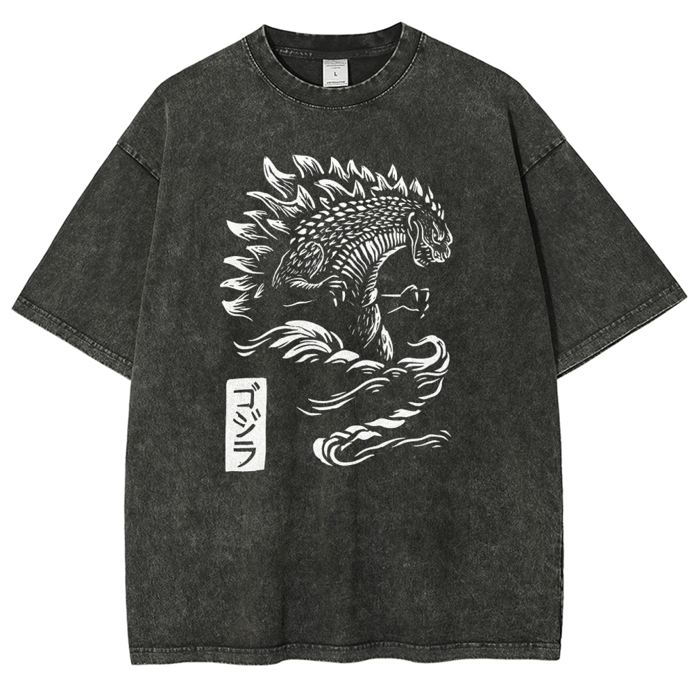 Godzilla Pattern Washed Vintage Short Sleeves T-Shirt