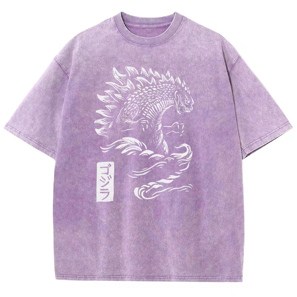Godzilla Pattern Washed Vintage Short Sleeves T-Shirt