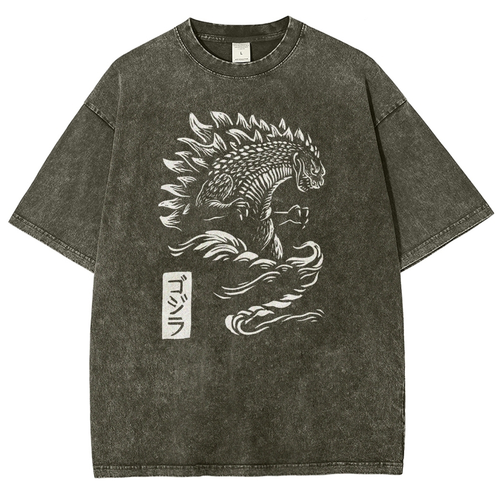 Godzilla Pattern Washed Vintage Short Sleeves T-Shirt