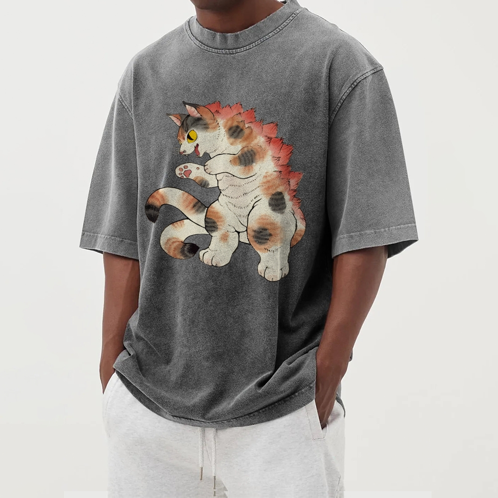 Godzilla Cat Washed Vintage Short Sleeves T-Shirt