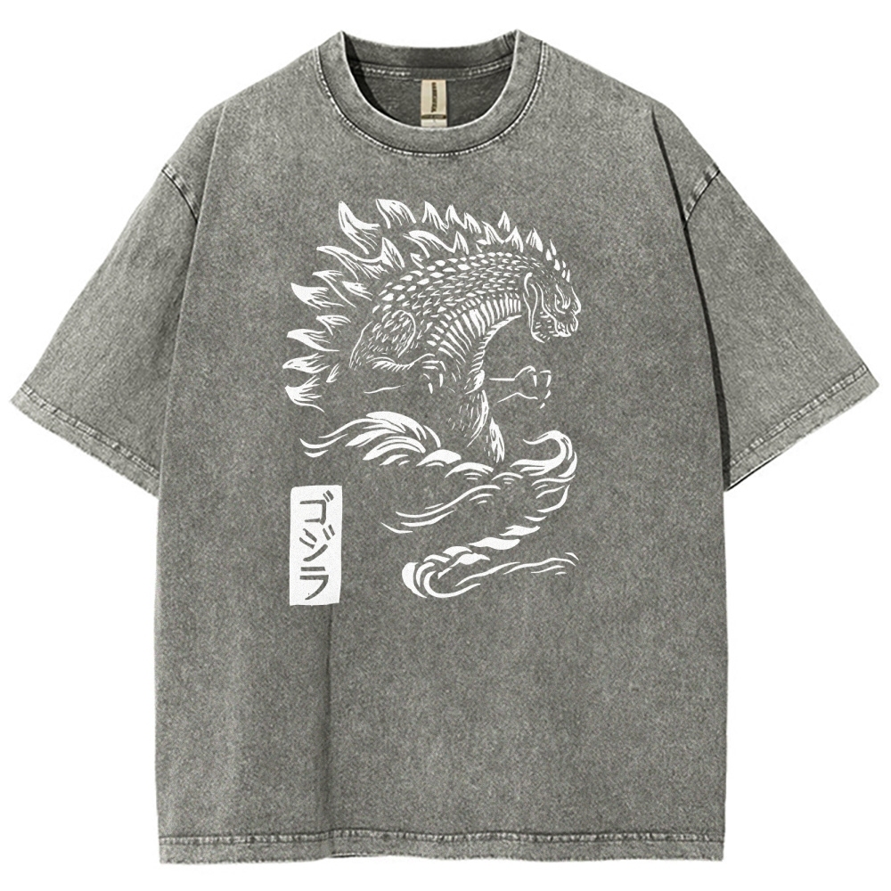 Godzilla Pattern Washed Vintage Short Sleeves T-Shirt
