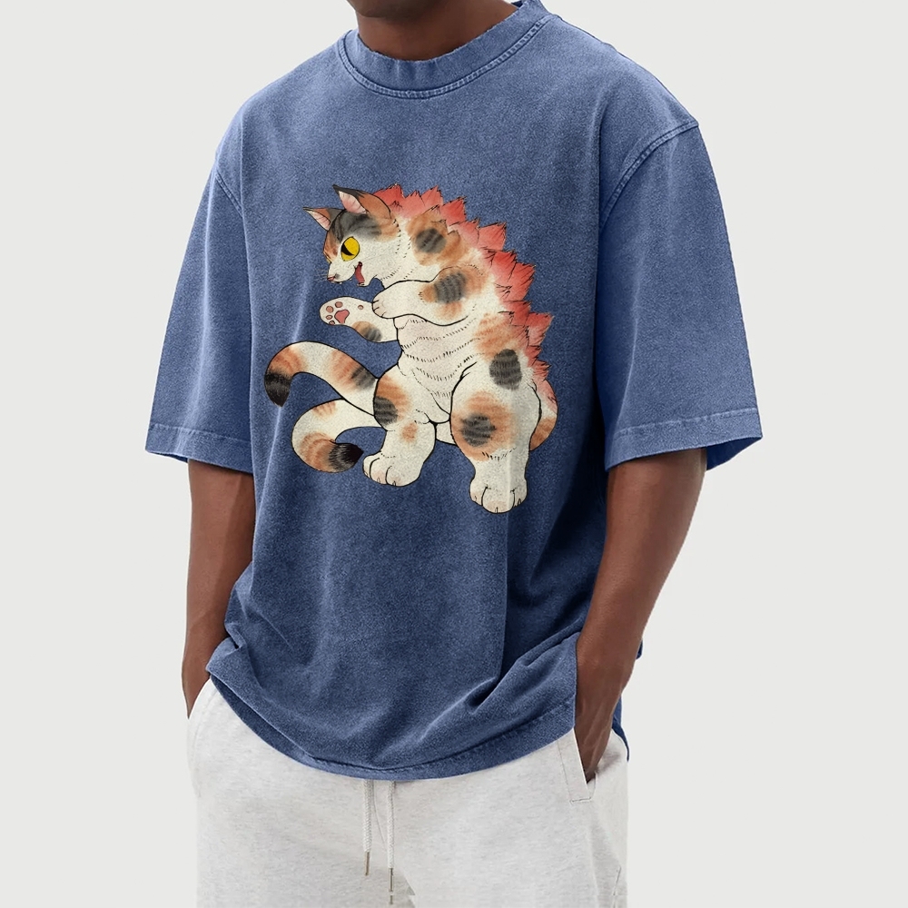 Godzilla Cat Washed Vintage Short Sleeves T-Shirt