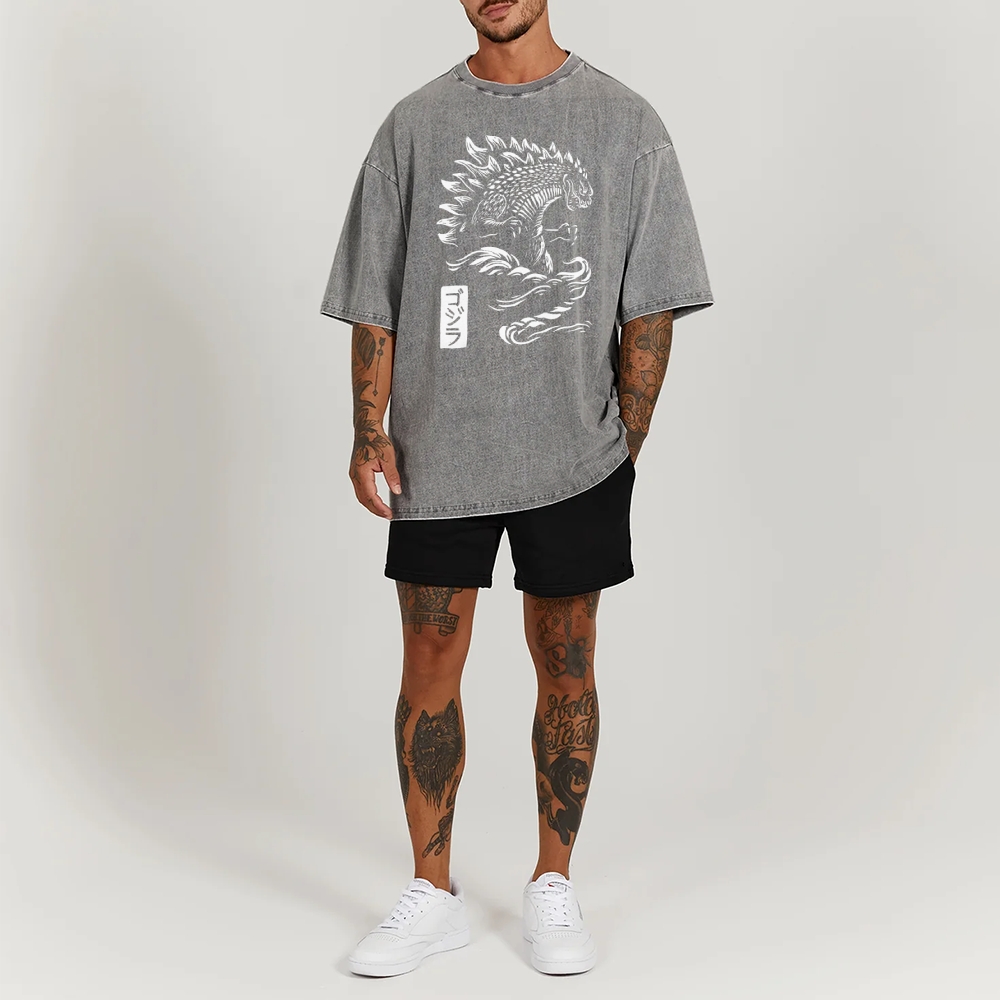 Godzilla Pattern Washed Vintage Short Sleeves T-Shirt