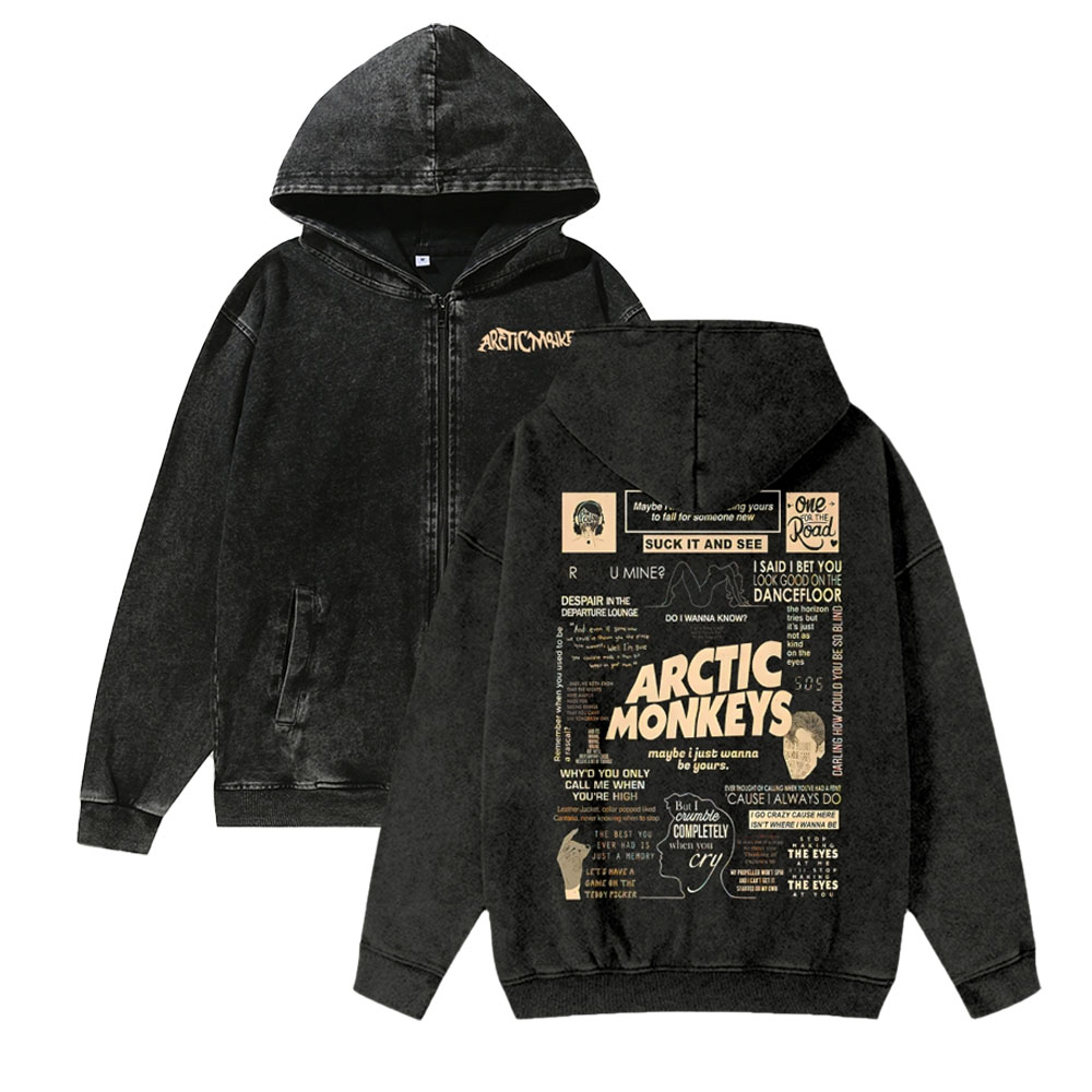 Unisex Arctic Monkeys Washed Cotton Zipper Hooded Sweatshirt