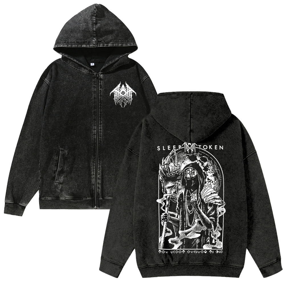 Band Style Washed Cotton Zipper Hooded Hoodie