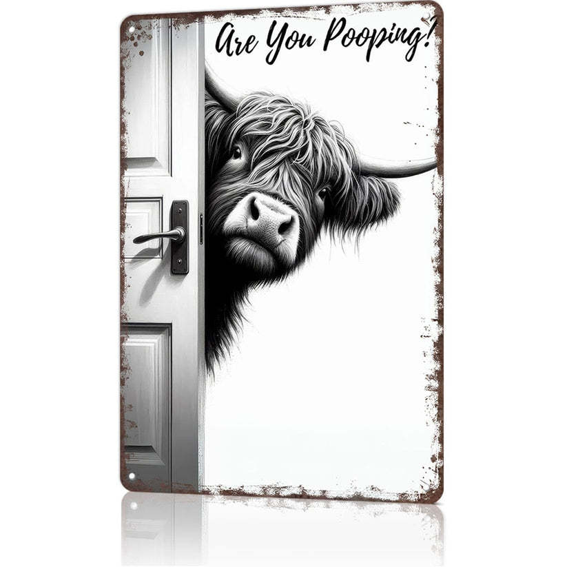Vintage Highland Cow Sign – Funny"Are You Pooping?" Wall Decor😂