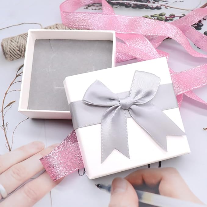 7.5 x 7.5 x 3.5cm Small Gift Boxes Square Paper Jewelry Cases Decorative Cardboard Jewelry Boxes with Ribbon Bow Lids for Ring Necklace Earring Pink