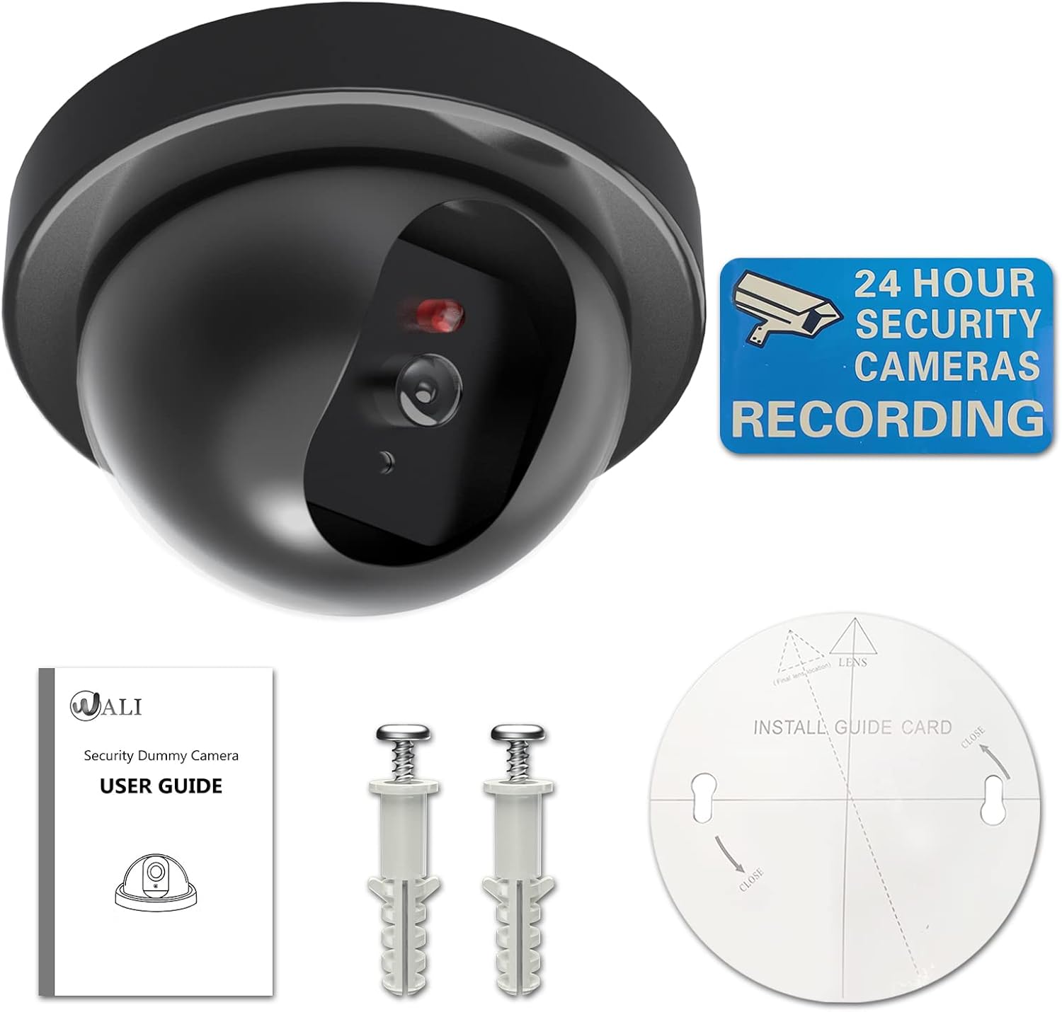 Dummy Fake Security CCTV Dome Camera with Flashing Red LED Light with Security Alert Sticker Decals (SD-1)