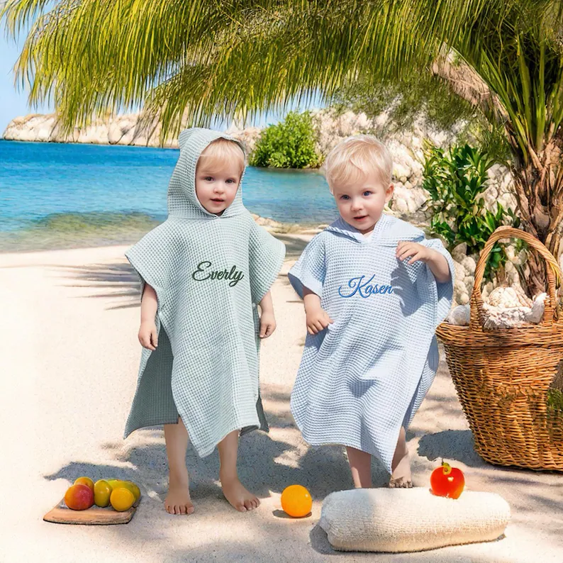🎁Super Comfortable Soft Personalized Kids Waffle Cotton Hooded Towel, kids one-piece bathrobe