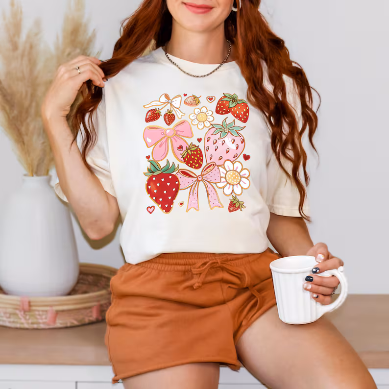 Strawberry Floral Shirt, Cute Bow Graphic Tee