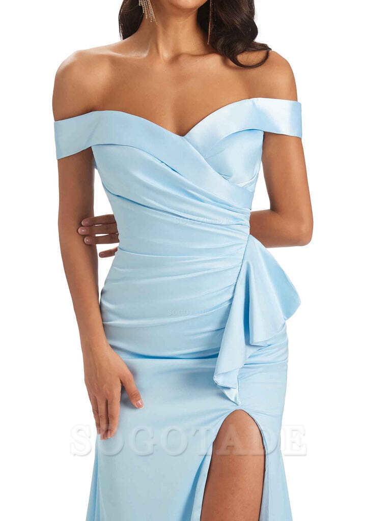 Sexy Soft Satin Side Slit Off The Shoulder Maxi Long Mermaid Bridesmaid Dresses prom shop dresses
