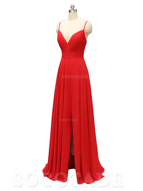 Honest Chiffon Spaghetti Straps Slit Long Bridesmaid Dresses prom shop dresses