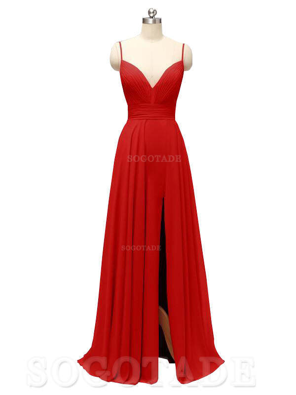 Honest Chiffon Spaghetti Straps Slit Long Bridesmaid Dresses prom shop dresses