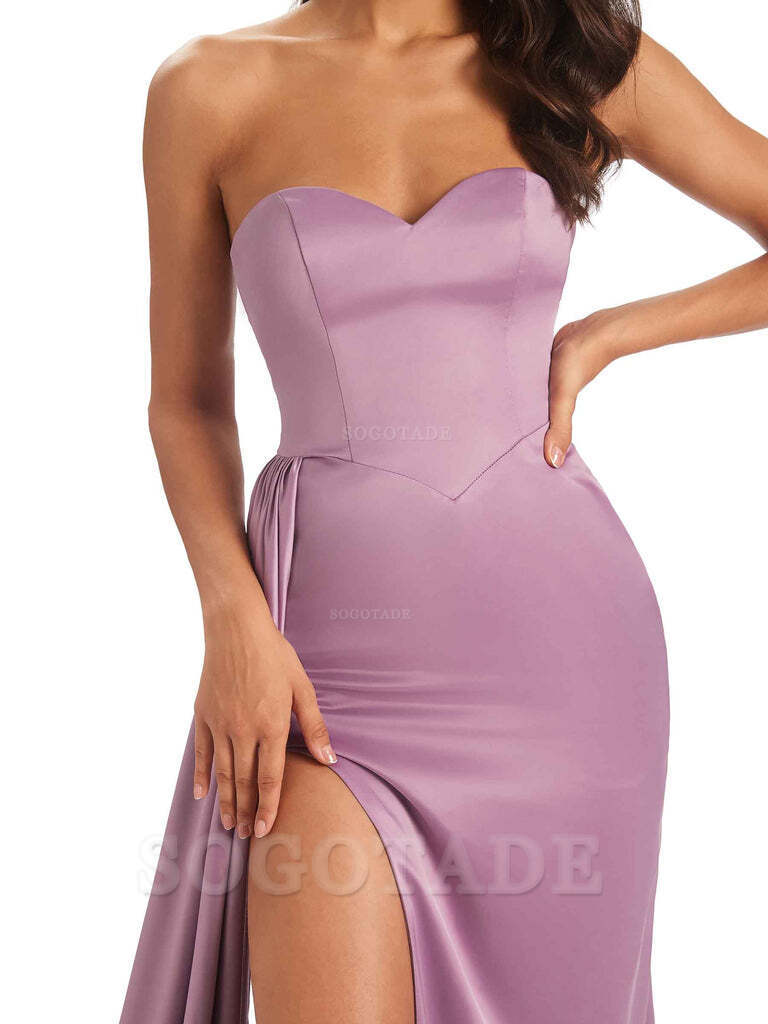 Sexy Soft Satin Sweetheart Side-Slit Unique Long Mermaid Bridesmaid Dresses prom shop dresses