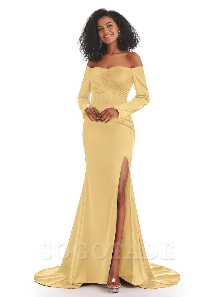 Mermaid Long Sleeve Satin formal dresses evening gown Bridesmaid Dresses With Side Slit 