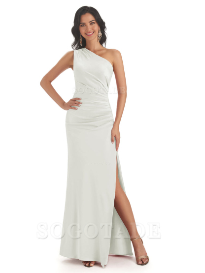 Mermaid One Shoulder Satin formal dresses evening gown Bridesmaid Dresses With Side Slit 