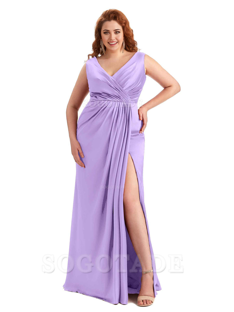 Mermaid V-Neck Satin formal dresses evening gown Bridesmaid Dresses With Side Slit 