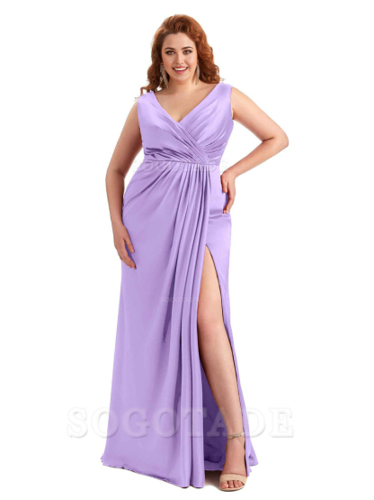 Mermaid V-Neck Satin formal dresses evening gown Bridesmaid Dresses With Side Slit 
