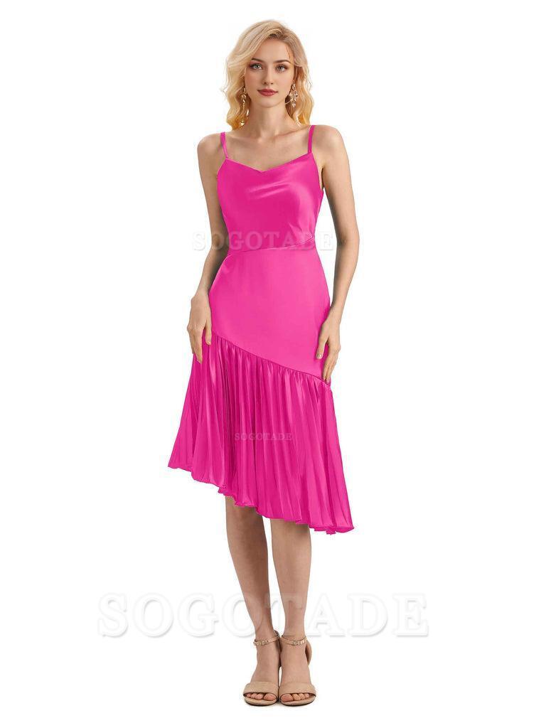 Unique Soft Satin Spaghetti Straps Short Midi Asymmetrical Bridesmaid Dresses Online
