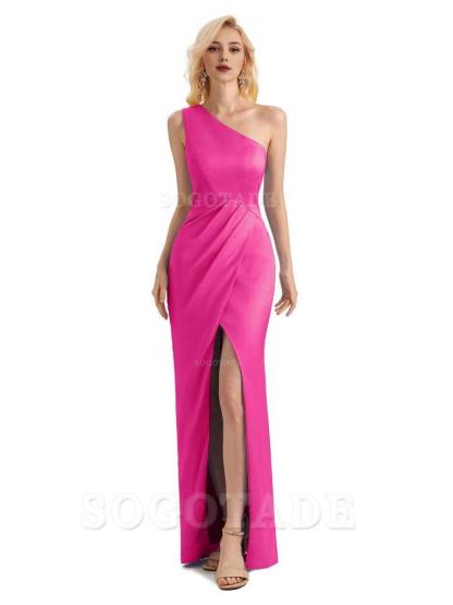 Sexy Soft Satin Split One Shoulder Long Mermaid Wedding Guest Dresses Online
