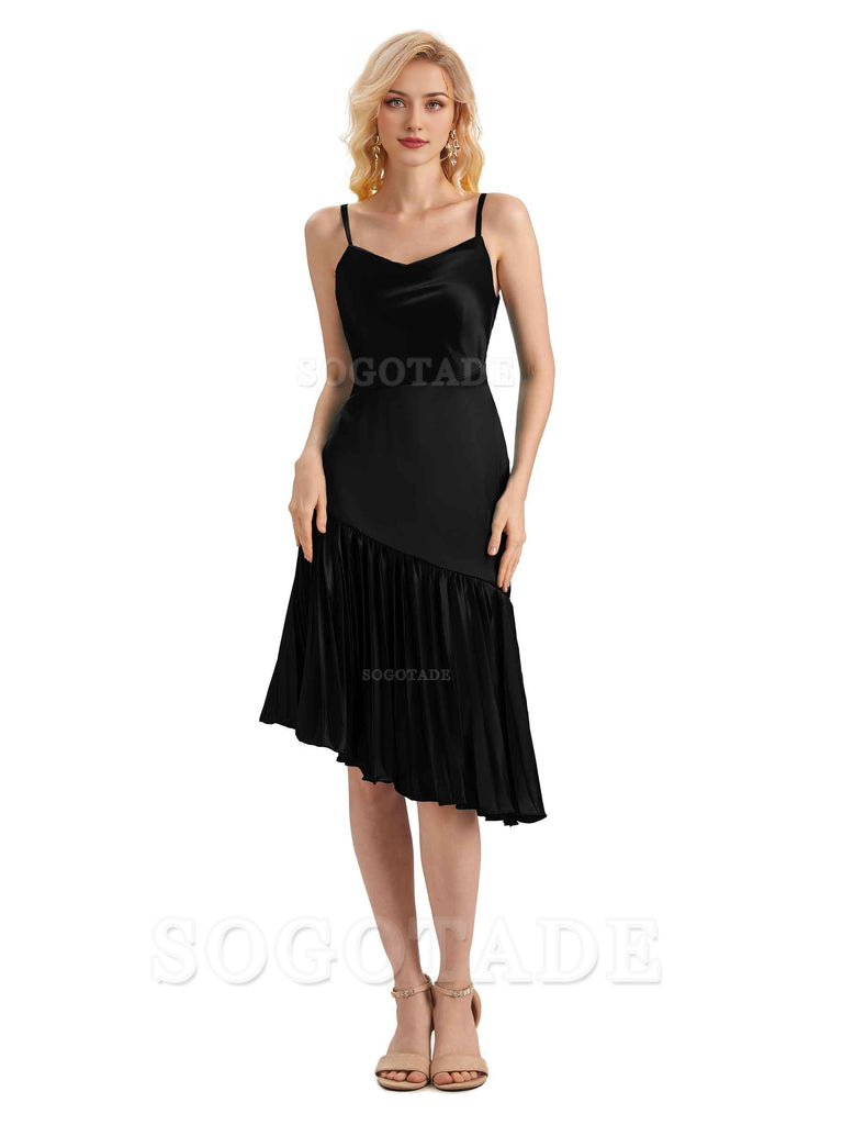 Unique Soft Satin Spaghetti Straps Short Midi Asymmetrical Bridesmaid Dresses Online