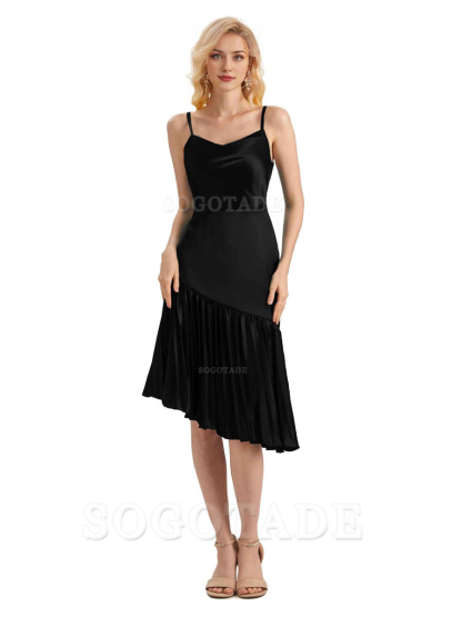 Unique Soft Satin Spaghetti Straps Short Midi Asymmetrical Bridesmaid Dresses Online