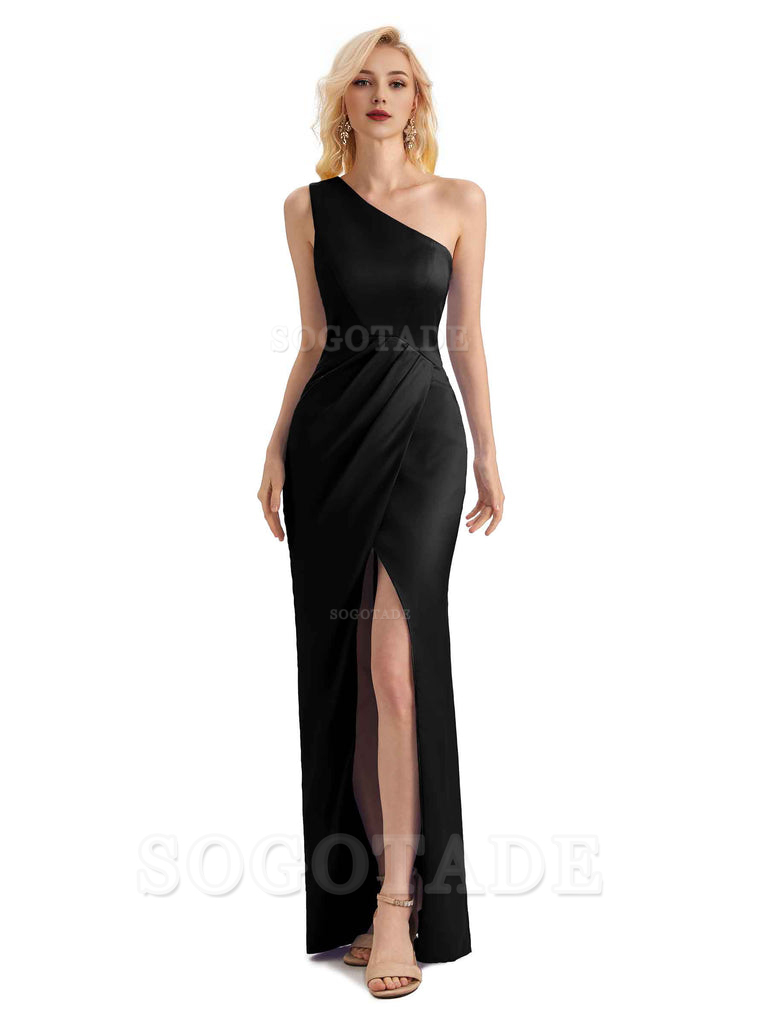 Sexy Soft Satin Split One Shoulder Long Mermaid Wedding Guest Dresses Online