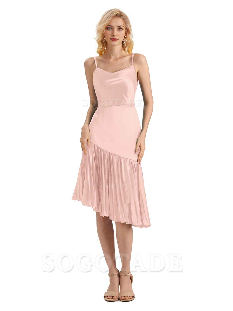 Unique Soft Satin Spaghetti Straps Short Midi Asymmetrical Bridesmaid Dresses Online