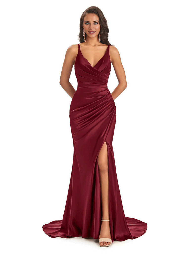 Soft Satin Side Slit Spaghetti Straps V-Neck Long Sexy Mermaid Bridesmaid Dresses