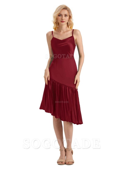 Unique Soft Satin Spaghetti Straps Short Midi Asymmetrical Bridesmaid Dresses Online