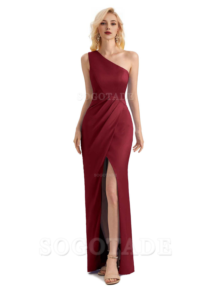 Sexy Soft Satin Split One Shoulder Long Mermaid Wedding Guest Dresses Online