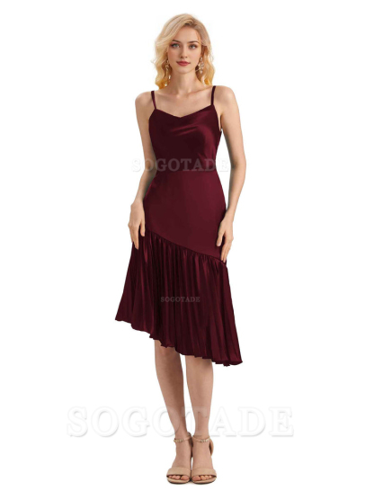 Unique Soft Satin Spaghetti Straps Short Midi Asymmetrical Bridesmaid Dresses Online