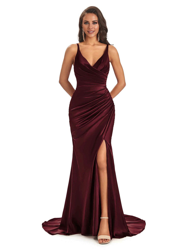 Soft Satin Side Slit Spaghetti Straps V-Neck Long Sexy Mermaid Bridesmaid Dresses
