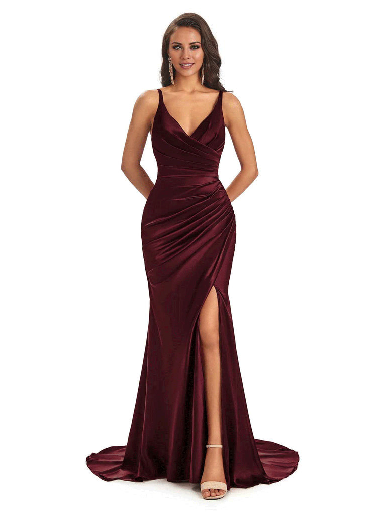Soft Satin Side Slit Spaghetti Straps V-Neck Long Sexy Mermaid Bridesmaid Dresses