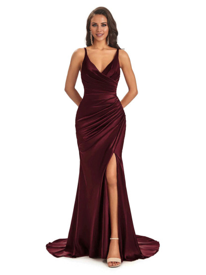 Soft Satin Side Slit Spaghetti Straps V-Neck Long Sexy Mermaid Bridesmaid Dresses