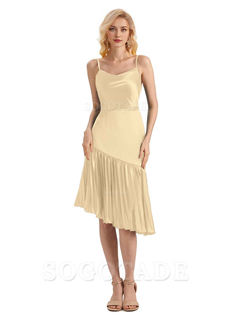 Unique Soft Satin Spaghetti Straps Short Midi Asymmetrical Bridesmaid Dresses Online