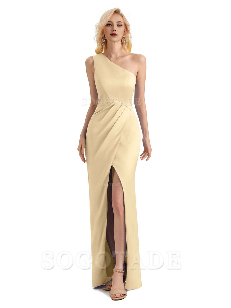Sexy Soft Satin Split One Shoulder Long Mermaid Wedding Guest Dresses Online