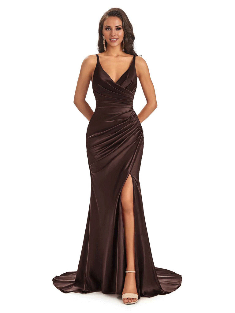 Soft Satin Side Slit Spaghetti Straps V-Neck Long Sexy Mermaid Bridesmaid Dresses