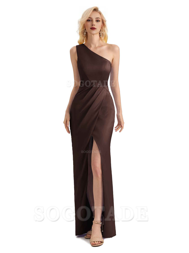 Sexy Soft Satin Split One Shoulder Long Mermaid Wedding Guest Dresses Online