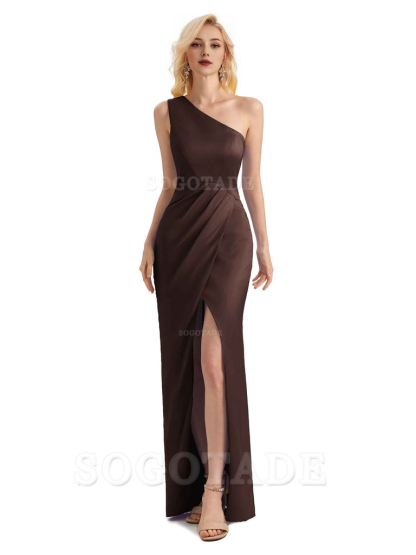 Sexy Soft Satin Split One Shoulder Long Mermaid Wedding Guest Dresses Online