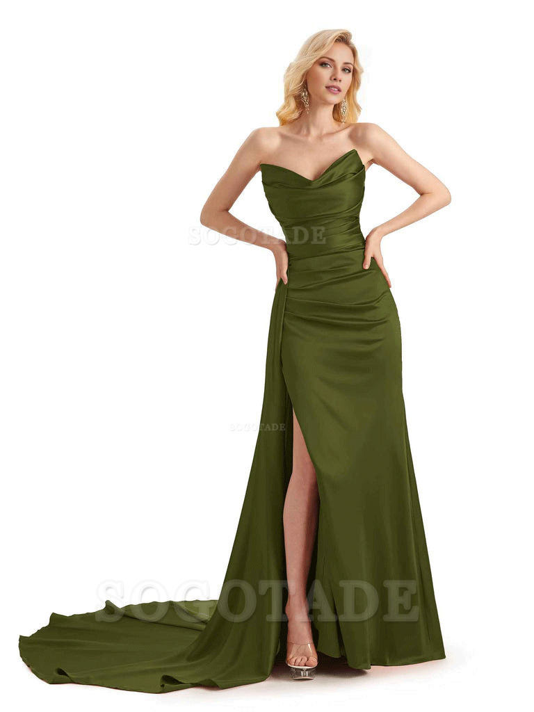Unique Sweetheart Side Slit Soft Satin Long Mermaid Bridesmaid Dresses Online