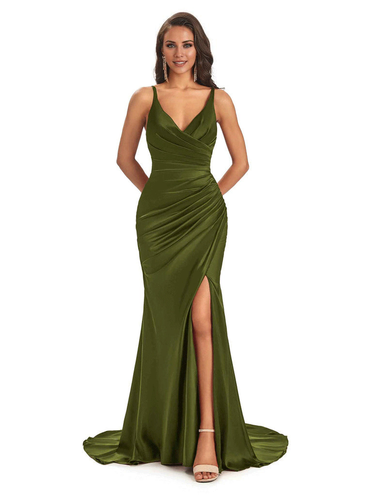 Soft Satin Side Slit Spaghetti Straps V-Neck Long Sexy Mermaid Bridesmaid Dresses