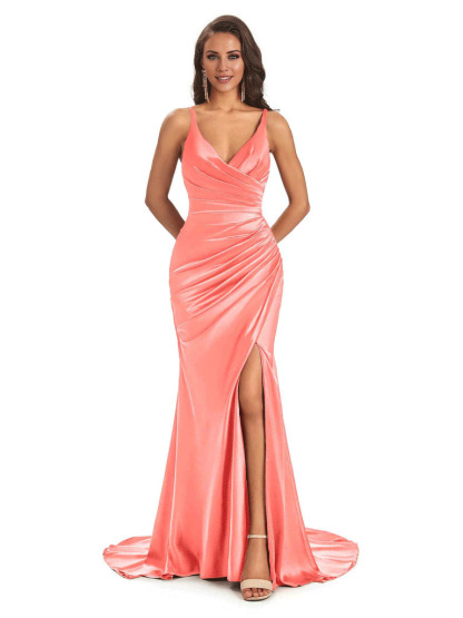 Soft Satin Side Slit Spaghetti Straps V-Neck Long Sexy Mermaid Bridesmaid Dresses