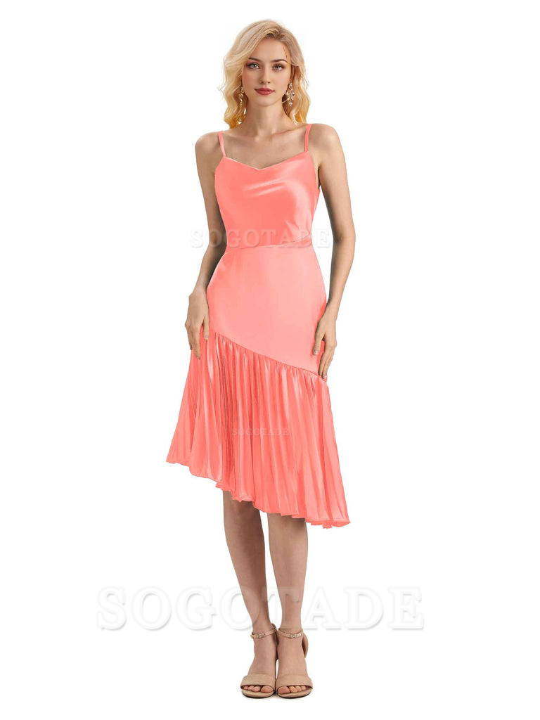 Unique Soft Satin Spaghetti Straps Short Midi Asymmetrical Bridesmaid Dresses Online