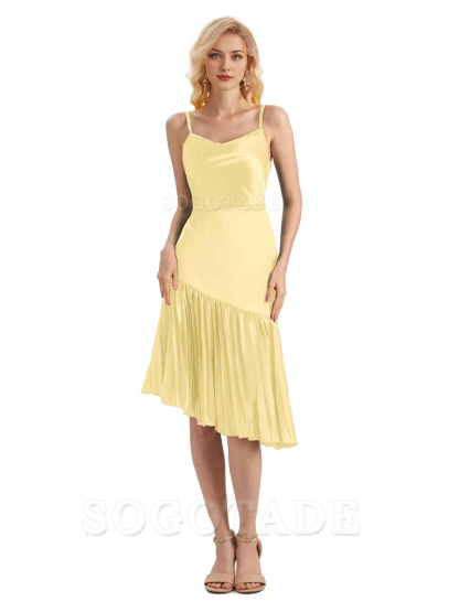 Unique Soft Satin Spaghetti Straps Short Midi Asymmetrical Bridesmaid Dresses Online