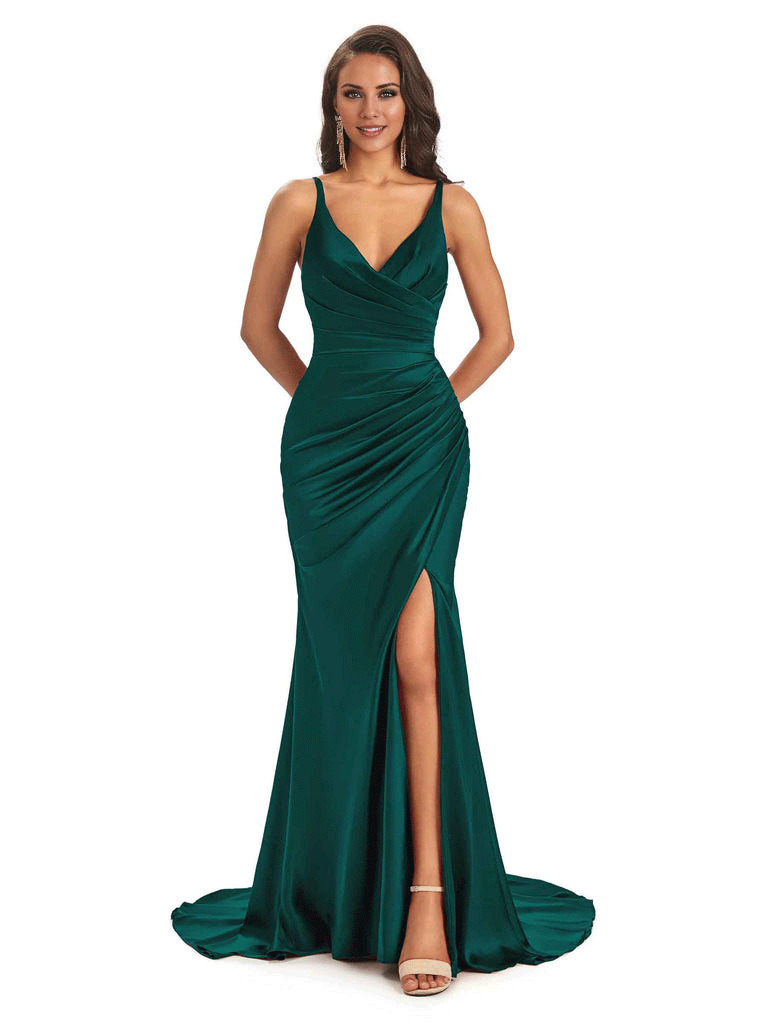 Soft Satin Side Slit Spaghetti Straps V-Neck Long Sexy Mermaid Bridesmaid Dresses