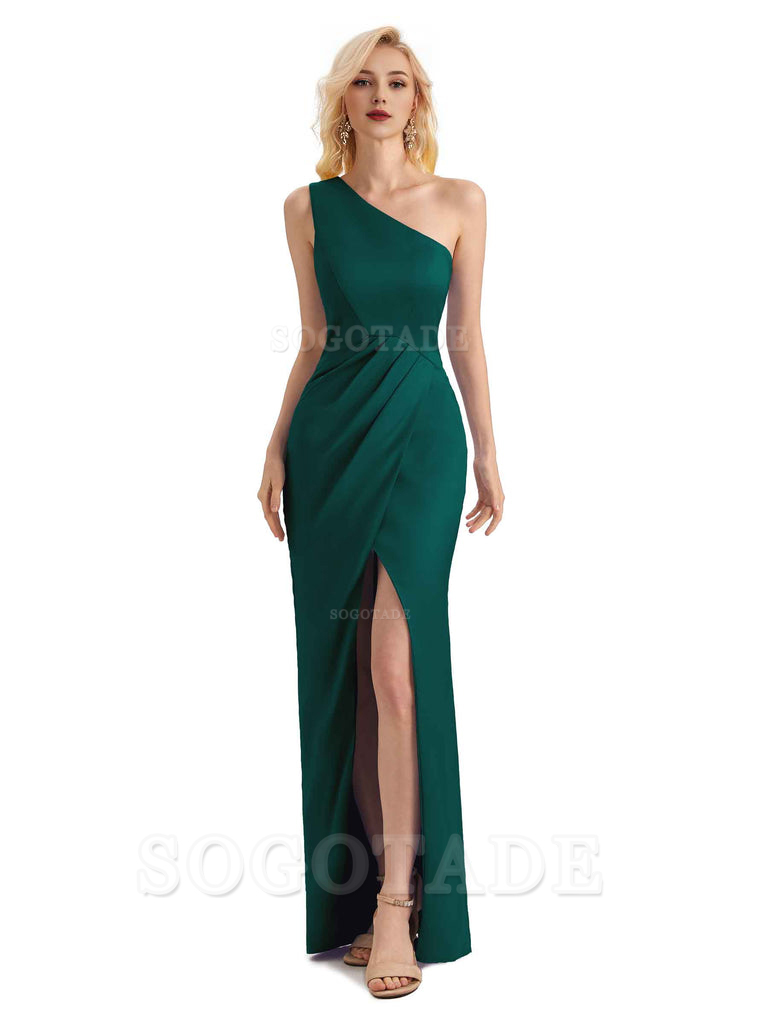 Sexy Soft Satin Split One Shoulder Long Mermaid Wedding Guest Dresses Online