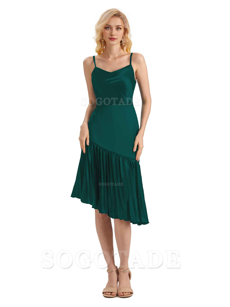 Unique Soft Satin Spaghetti Straps Short Midi Asymmetrical Bridesmaid Dresses Online