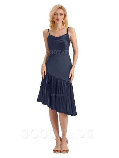 Unique Soft Satin Spaghetti Straps Short Midi Asymmetrical Bridesmaid Dresses Online