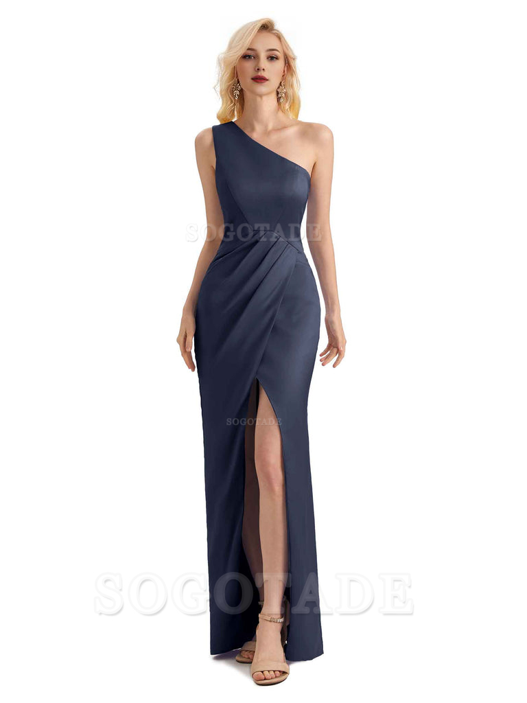 Sexy Soft Satin Split One Shoulder Long Mermaid Wedding Guest Dresses Online